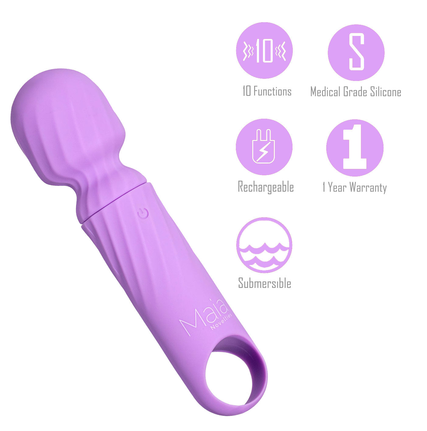 Maia DOLLY -  -  12.7 cm USB Rechargeable Massage Wand features 10 functions, medical grade silicone, rechargeability, and submersibility.