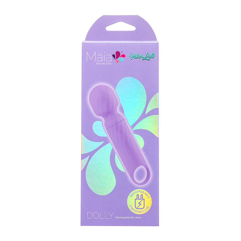 Maia DOLLY -  -  12.7 cm USB Rechargeable Massage Wand in a purple package with branding and features highlighted.