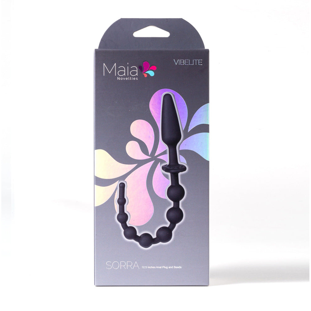 Maia SORRA -  Anal Plug with Beads packaging featuring a black anal plug and graduated anal beads design.