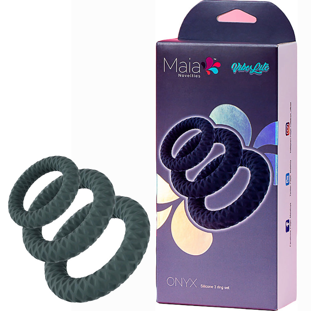 Maia ONYX - Grey Cock Ring Set - Set of 3 Sizes featuring three textured rings and stylish packaging.