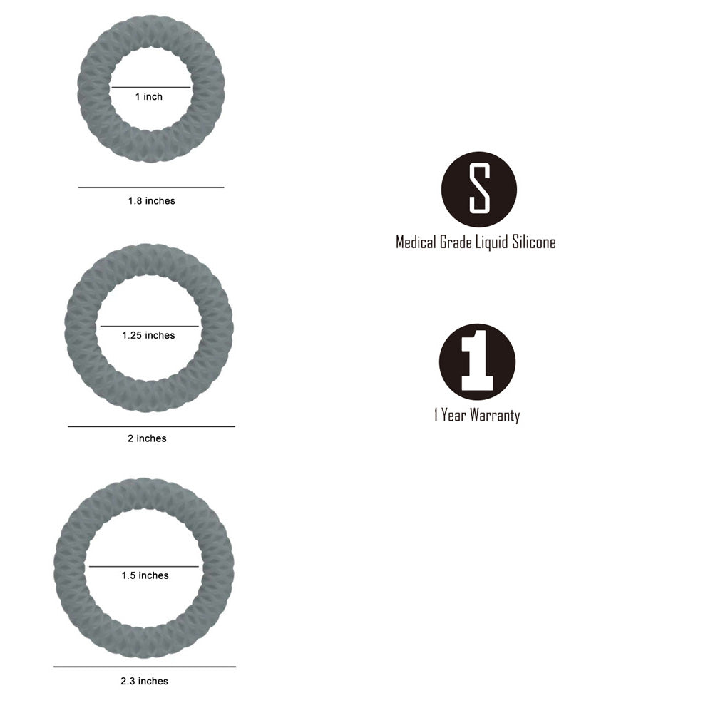 Maia ONYX - Grey Cock Ring Set - Set of 3 Sizes featuring 1, 1.25, and 2 inch rings made from Medical Grade Liquid Silicone.