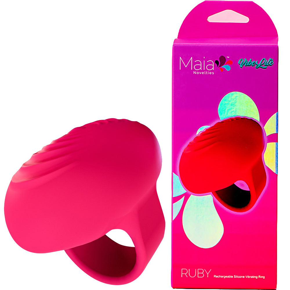 Maia RUBY - USB Rechargeable Finger Stimulator with vibrant packaging, designed for intimate pleasure and versatile use.