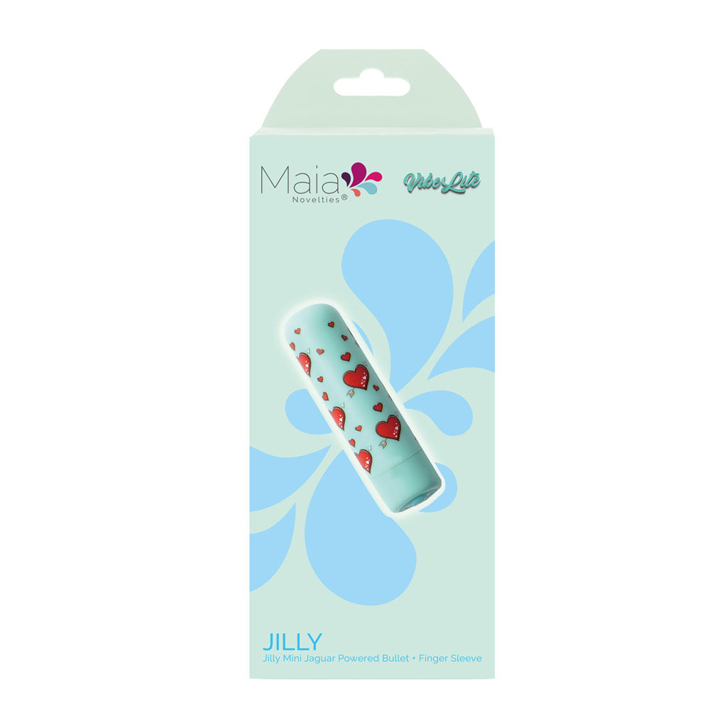 Maia JILLY - Teal - Teal USB Rechargeable Powerful Finger Stimulator packaging featuring a mini jaguar powered bullet.