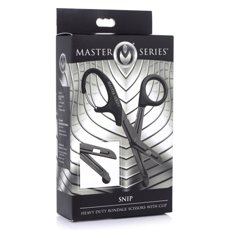 Master Series Snip -  Heavy Duty Bondage Scissors packaging featuring durable design and carabiner clip.