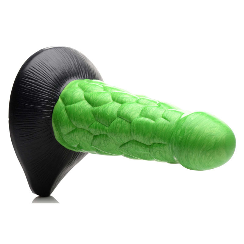Creature Cocks Radioactive Reptile Thick Scaly Silicone Dildo - 19 cm Dildo, green scaled dildo with black base.