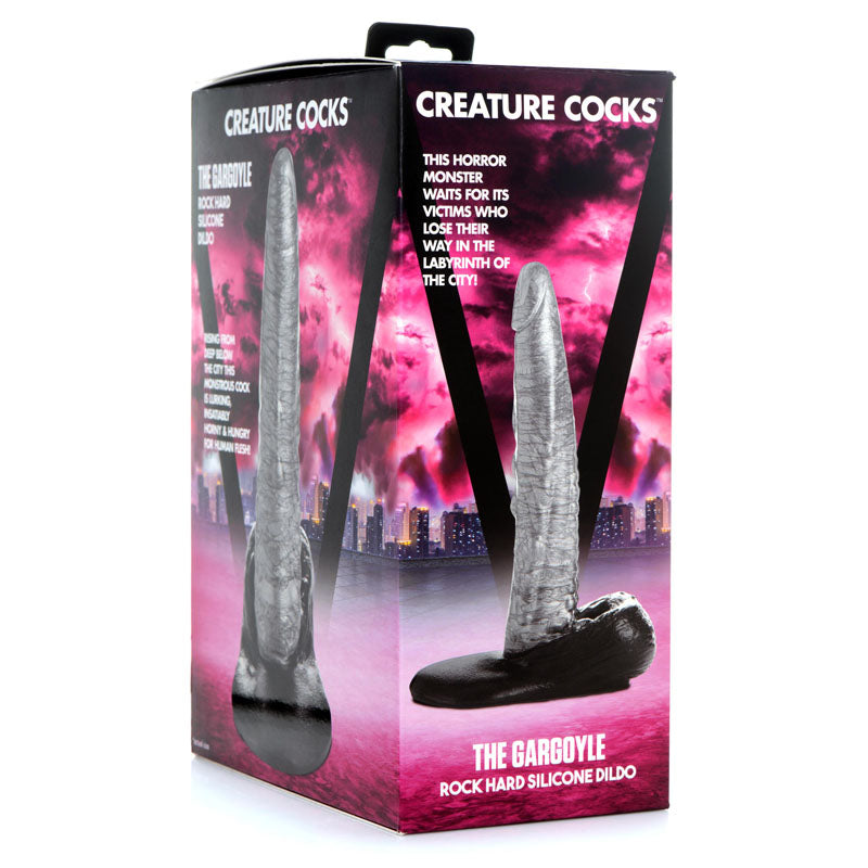 Creature Cocks The Gargoyle Rock Hard Silicone Dildo - Silver 23.6 cm Fantasy Dildo packaging with vibrant graphics.