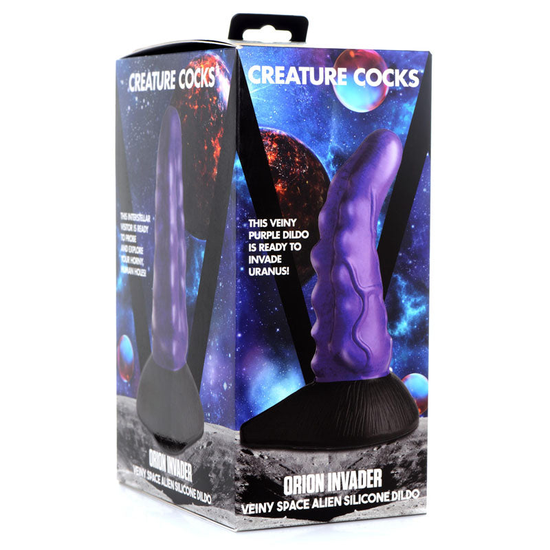 Creature Cocks Orion Invader Veiny Space Alien Silicone Dildo - 18.4 cm Veiny Dildo packaging with cosmic background.