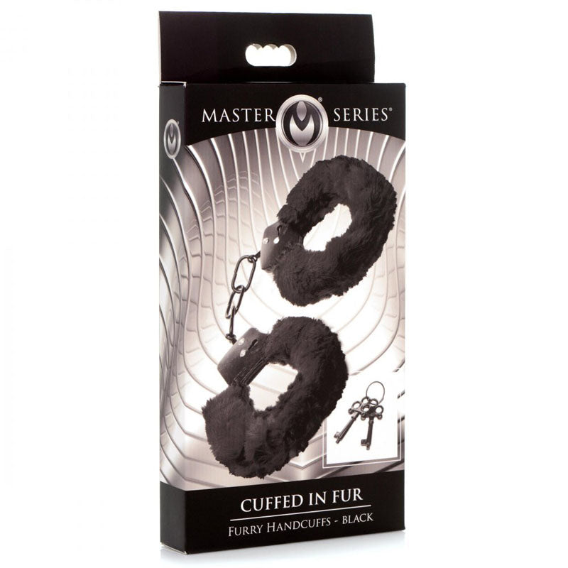 Master Series Cuffed in Fur -  Fluffy Handcuffs packaging featuring soft black furry cuffs and 2 keys for intimate play.