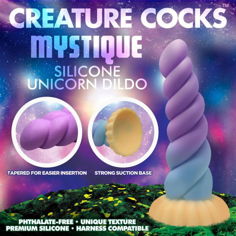 Creature Cocks Mystique Silicone Unicorn Dildo - 21 cm Fantasy Dildo showcasing tapered design and strong suction base.