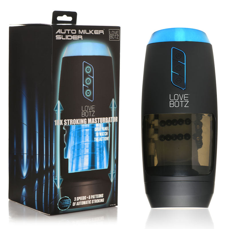 LoveBotz The Milker Slider 18X Stroking Masturbator - USB Rechargeable Stroking Masturbator packaging and product view.