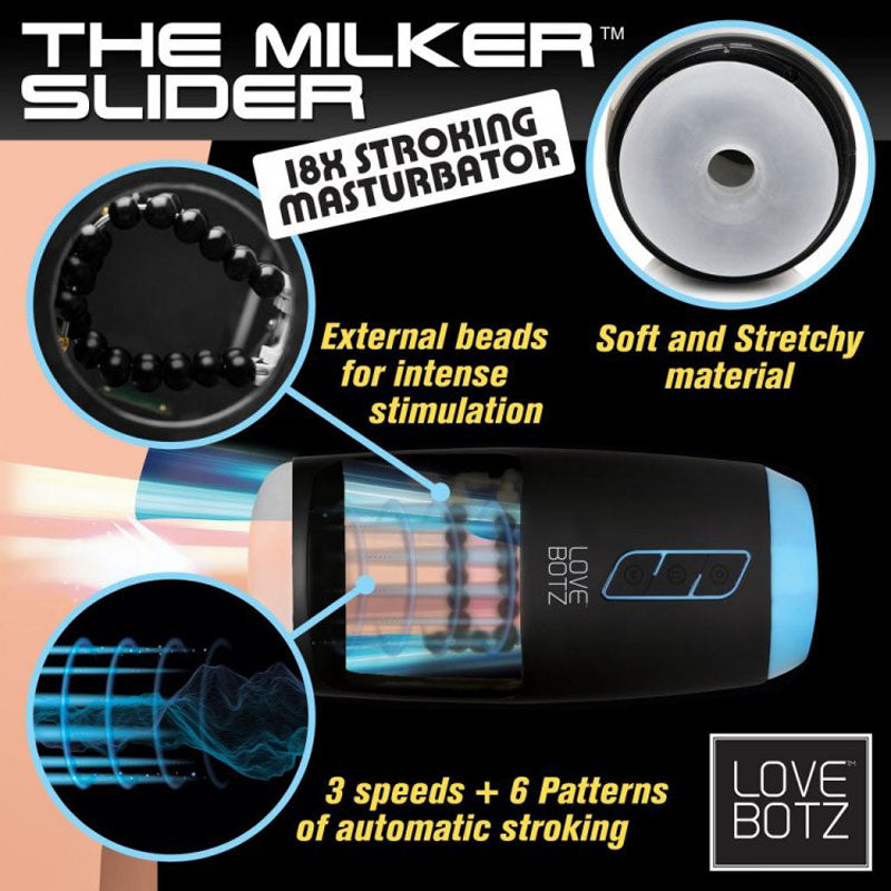 LoveBotz The Milker Slider 18X Stroking Masturbator - USB Rechargeable Stroking Masturbator with external beads and soft material