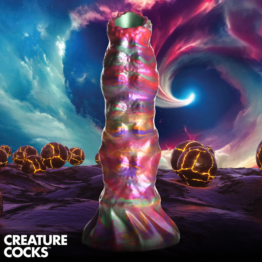 Creature Cocks Larva Silicone Dildo - 22.9 cm Fantasy Dildo with Eggs in a cosmic setting with vibrant colors.