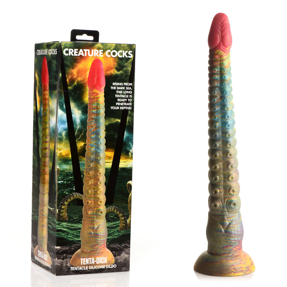 Creature Cocks Tenta-Dick - Multi- 32 cm Tentacle Fantasy Dildo next to its packaging on a dark background.