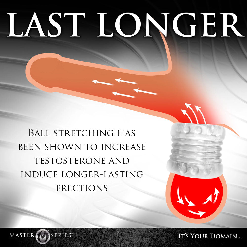 Master Series Ball Stack Ball Stretcher -  -  Ball Stretcher demonstrating benefits of ball stretching for longer-lasting erections.