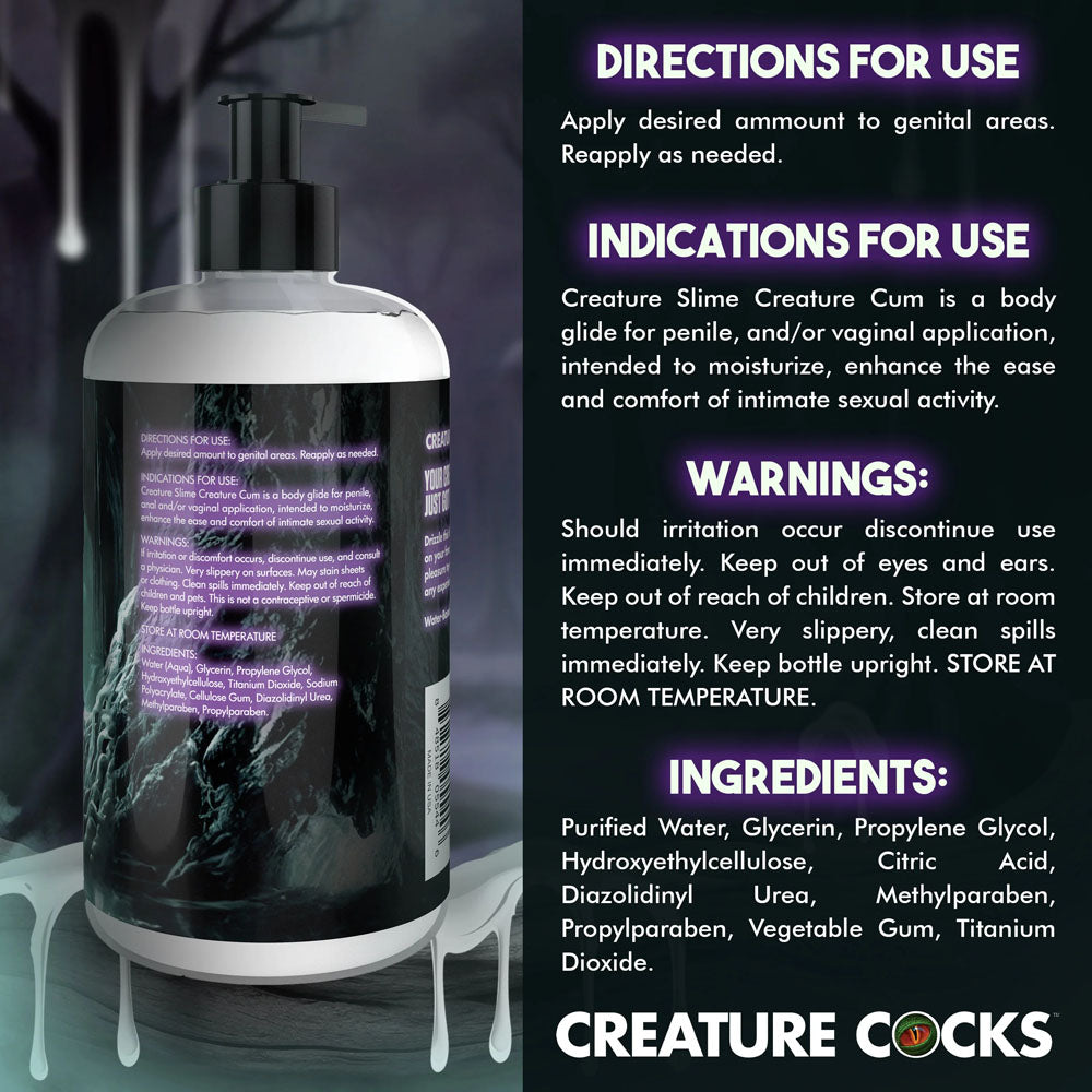 Creature Slime by Creature Cocks - Creature Cum - Cum Lubricant - 473 ml Pump Bottle with usage directions and ingredients.