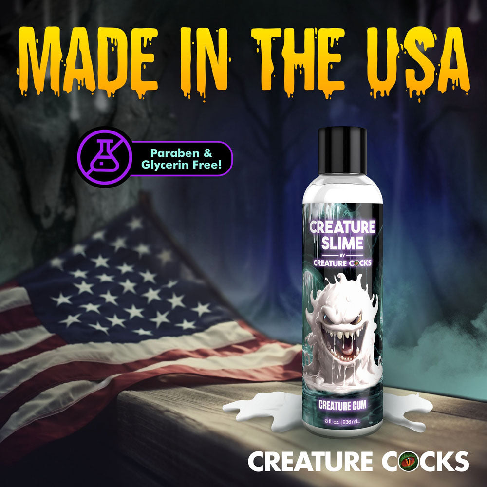 Creature Slime by Creature Cocks - Creature Cum - Cum Lubricant - 236 ml Pump Bottle on a USA flag background.