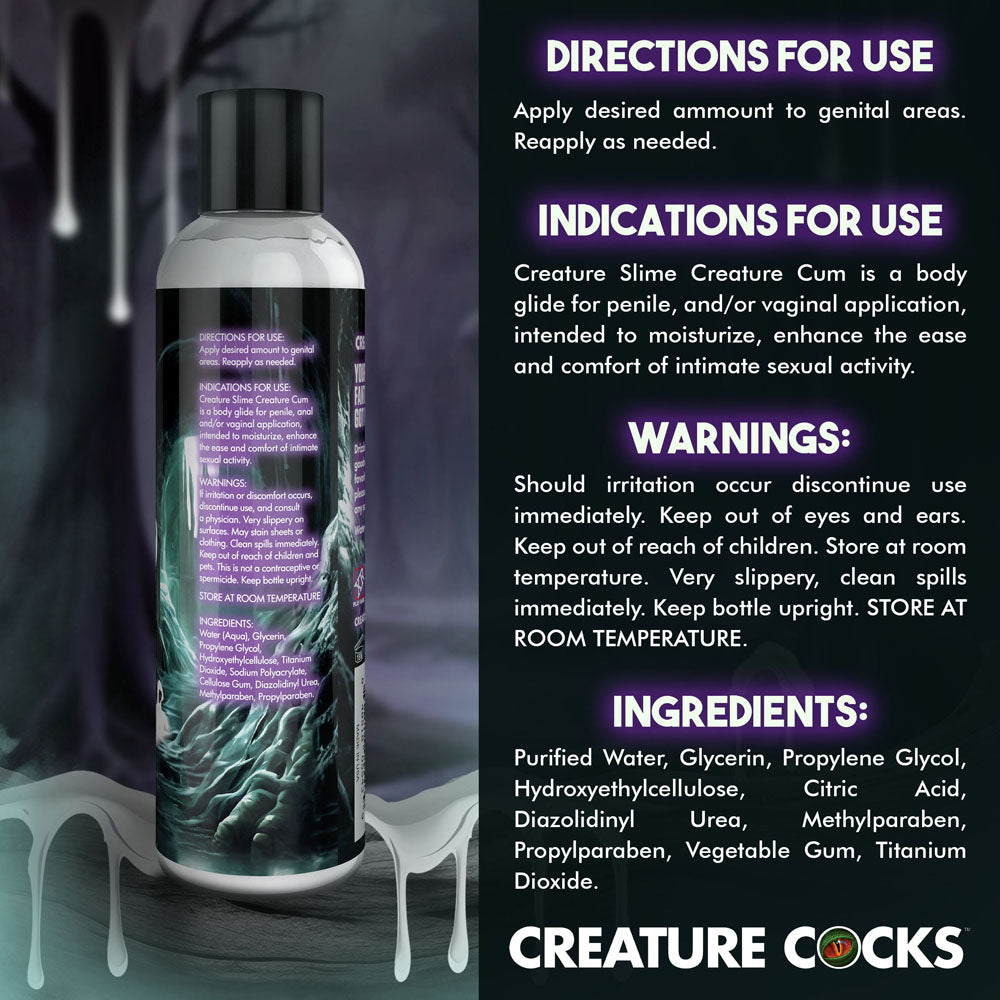 Creature Slime by Creature Cocks - Creature Cum - Cum Lubricant - 236 ml Pump Bottle with usage directions and warnings.
