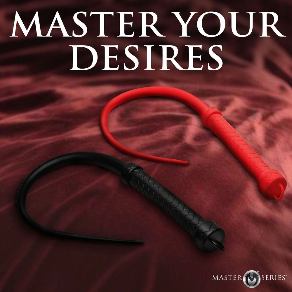 Master Series Viper Tail -  -  Silicone Whip in black and red against a luxurious background with text 'Master Your Desires'.