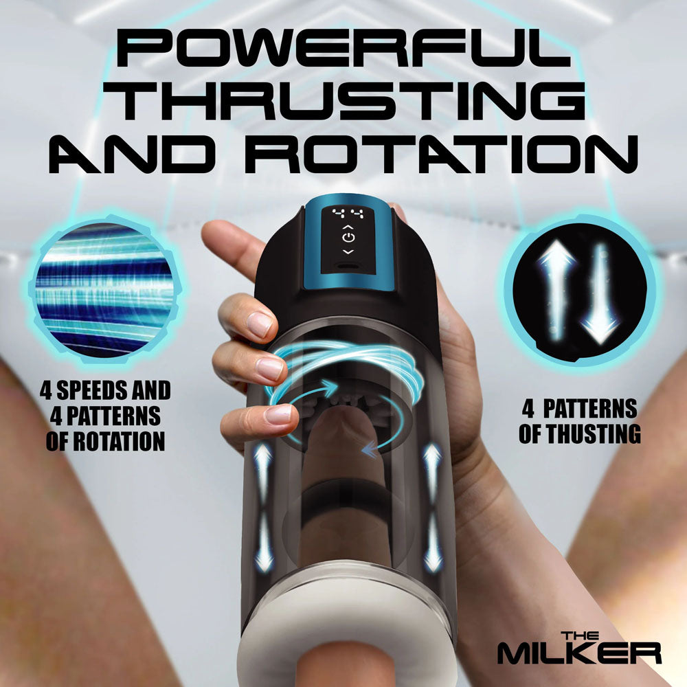 LoveBotz The Milker Roto-Stroke - USB Rechargeable Thrusting & Rotating Male Masturbator showcasing 4 speeds and patterns.