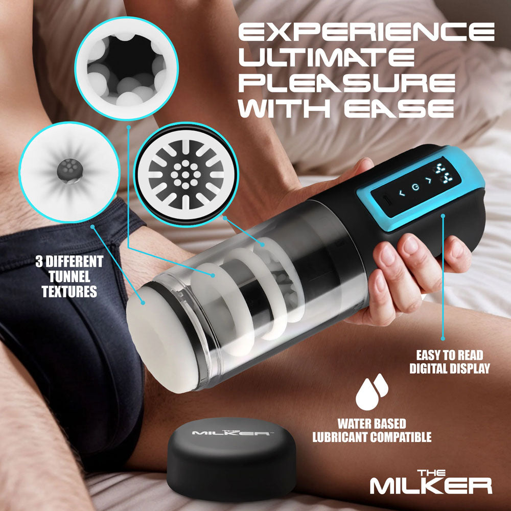 LoveBotz The Milker Roto-Stroke - USB Rechargeable Thrusting & Rotating Male Masturbator showing digital display and tunnel textures.