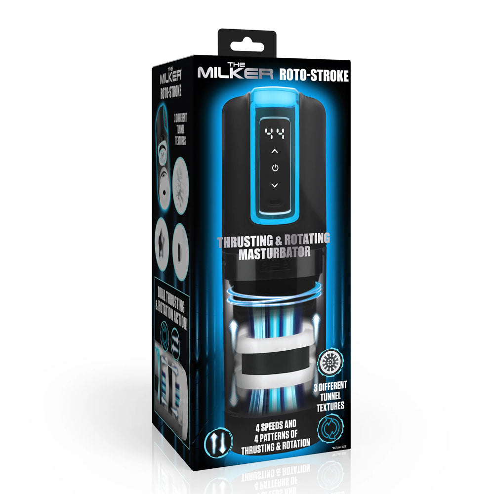LoveBotz The Milker Roto-Stroke - USB Rechargeable Thrusting & Rotating Male Masturbator packaging showcasing features.