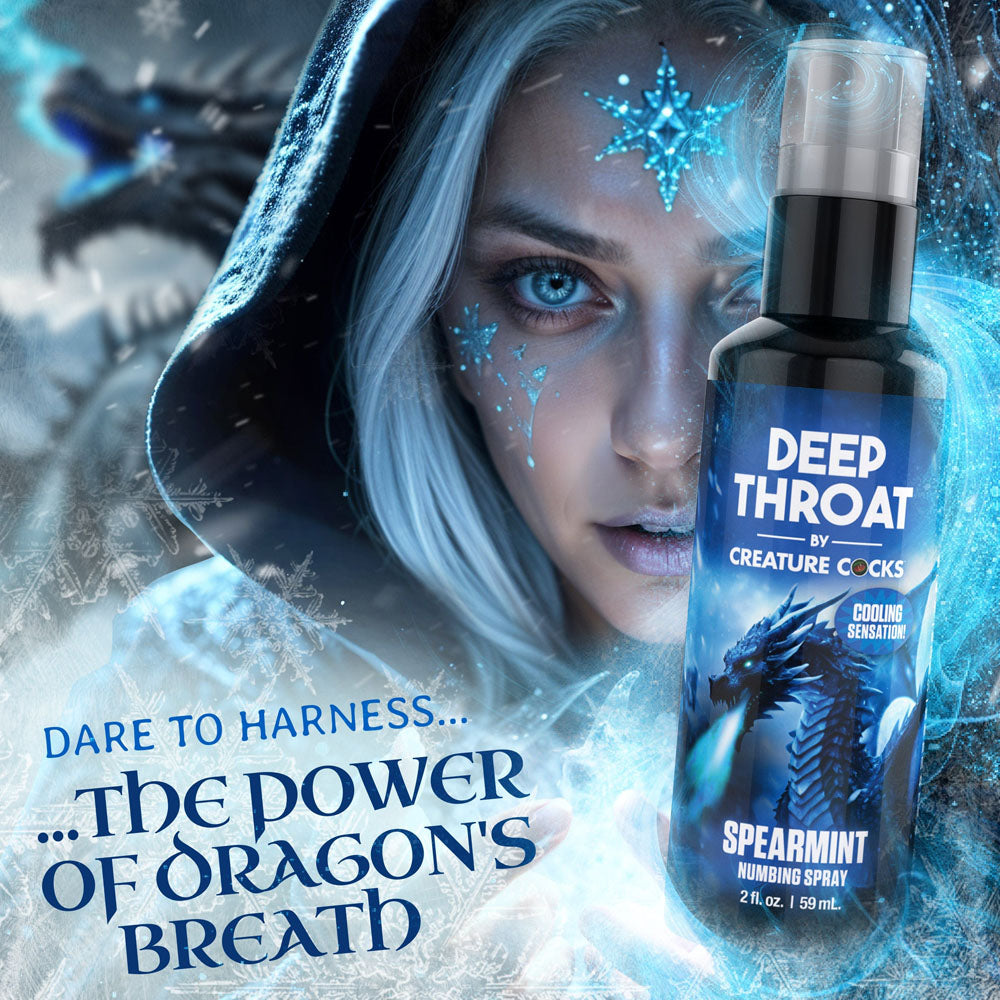 Creature Cocks Deep Throat Spray - Spearmint - Spearmint Flavoured Numbing Spray - 59 ml Spray with dragon-themed design.