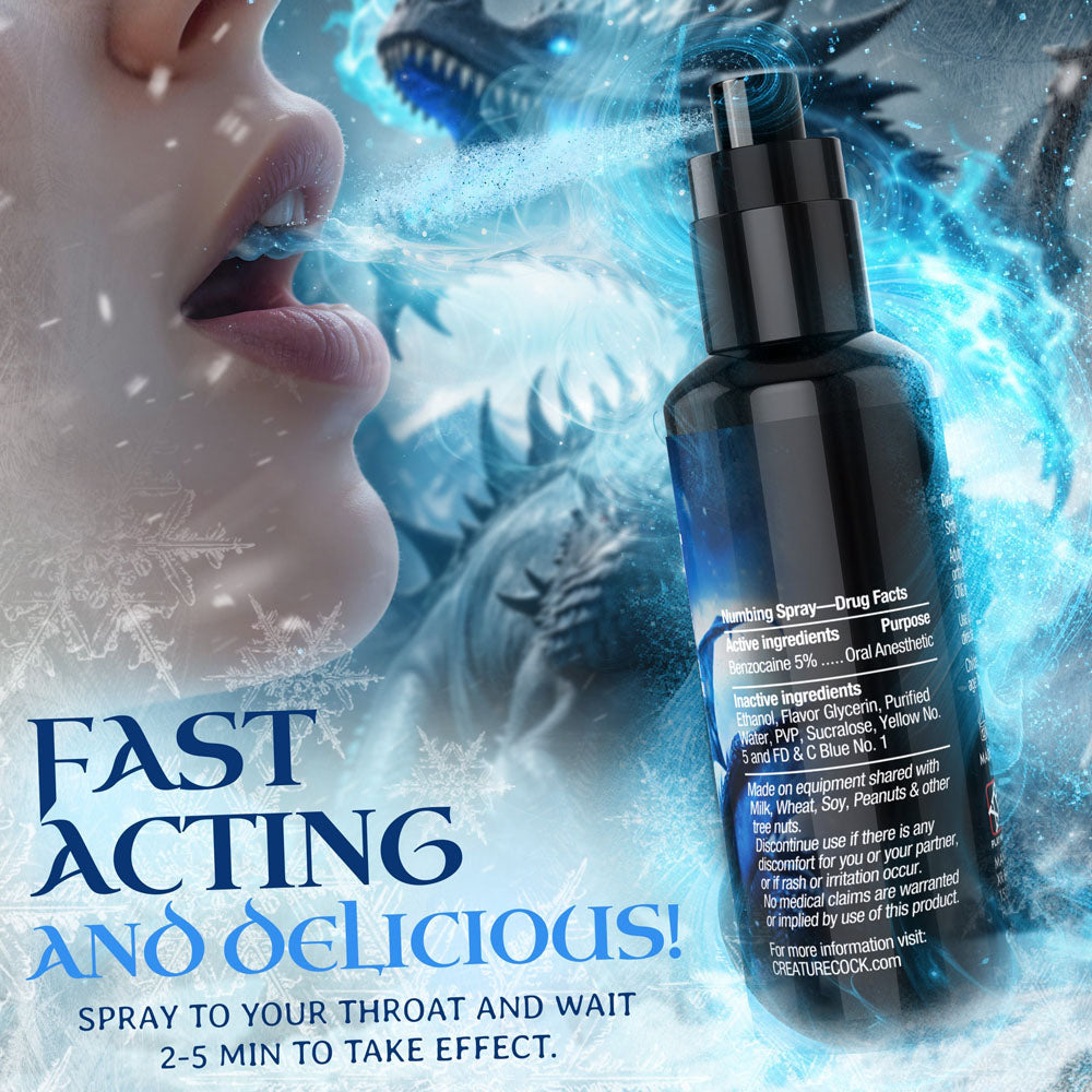 Creature Cocks Deep Throat Spray - Spearmint - Spearmint Flavoured Numbing Spray - 59 ml Spray bottle next to a person's mouth.