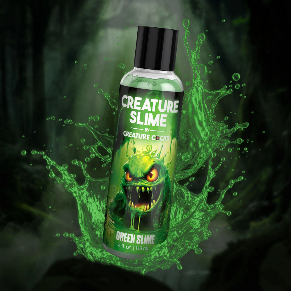 Creature Slime by Creature Cocks -  Slime -  Water Based Lubricant - 118 ml Bottle in a green splash background.