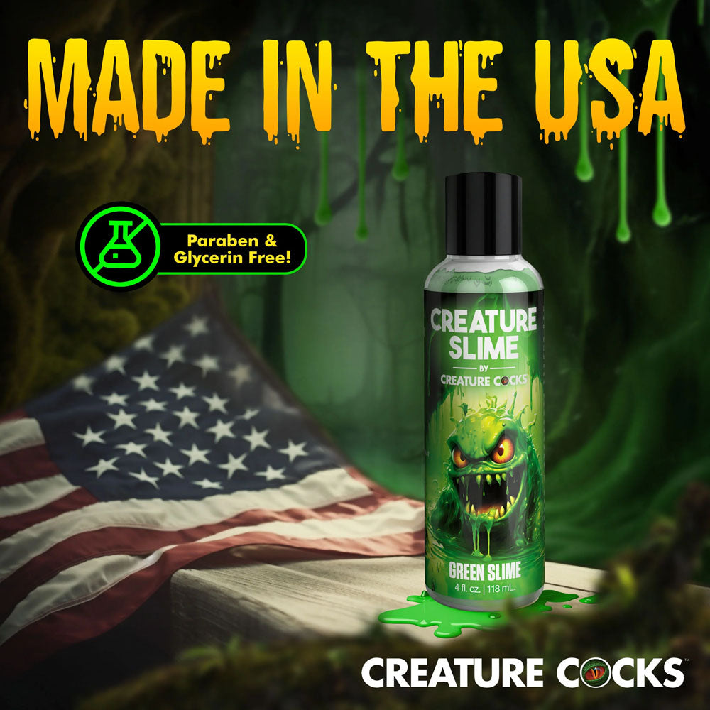 Creature Slime by Creature Cocks -  Slime -  Water Based Lubricant - 118 ml Bottle on a USA flag background.