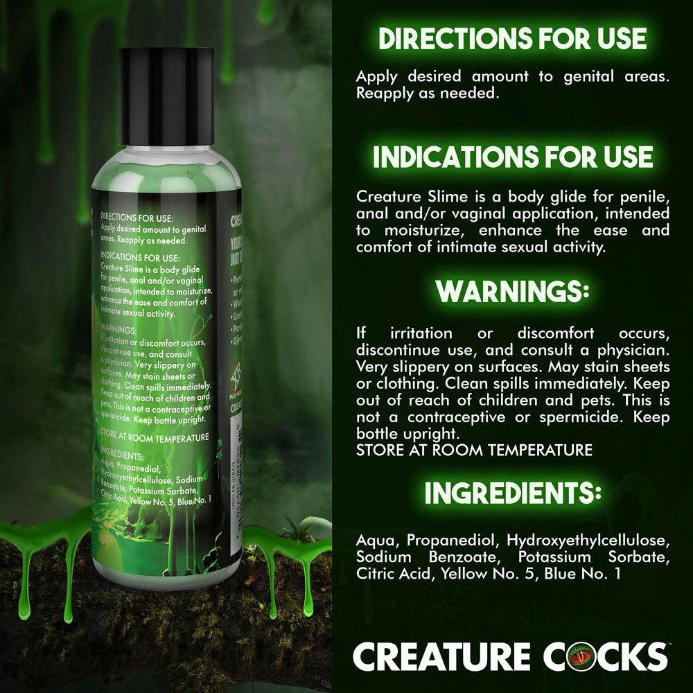 Creature Slime by Creature Cocks -  Slime -  Water Based Lubricant - 118 ml Bottle, directions and warnings for use.