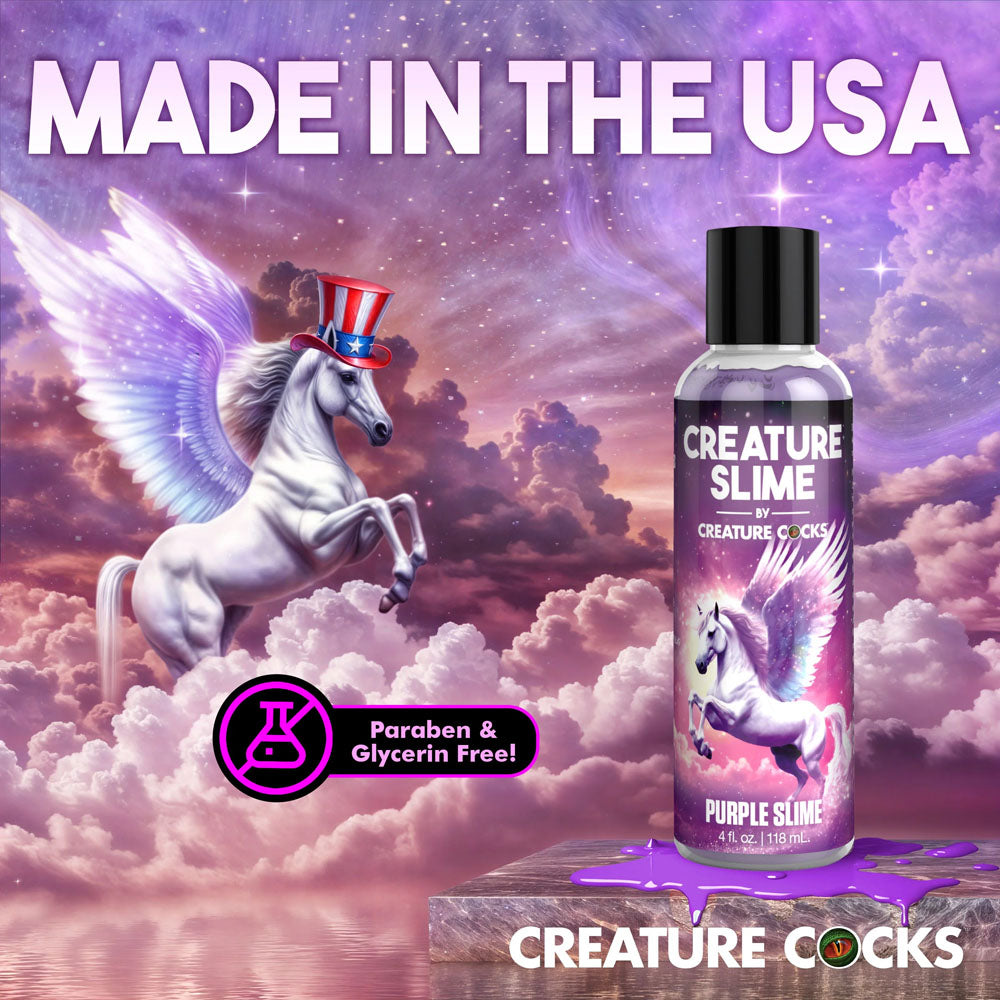 Creature Slime by Creature Cocks -  Slime -  Water Based Lubricant - 118 ml Bottle with a purple unicorn background.