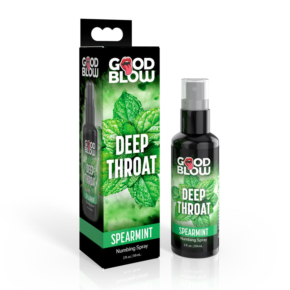 Good Blow Deep Throat Spray - Spearmint - Spearmint Flavoured Numbing Spray - 59 ml Spray with mint leaves backdrop.
