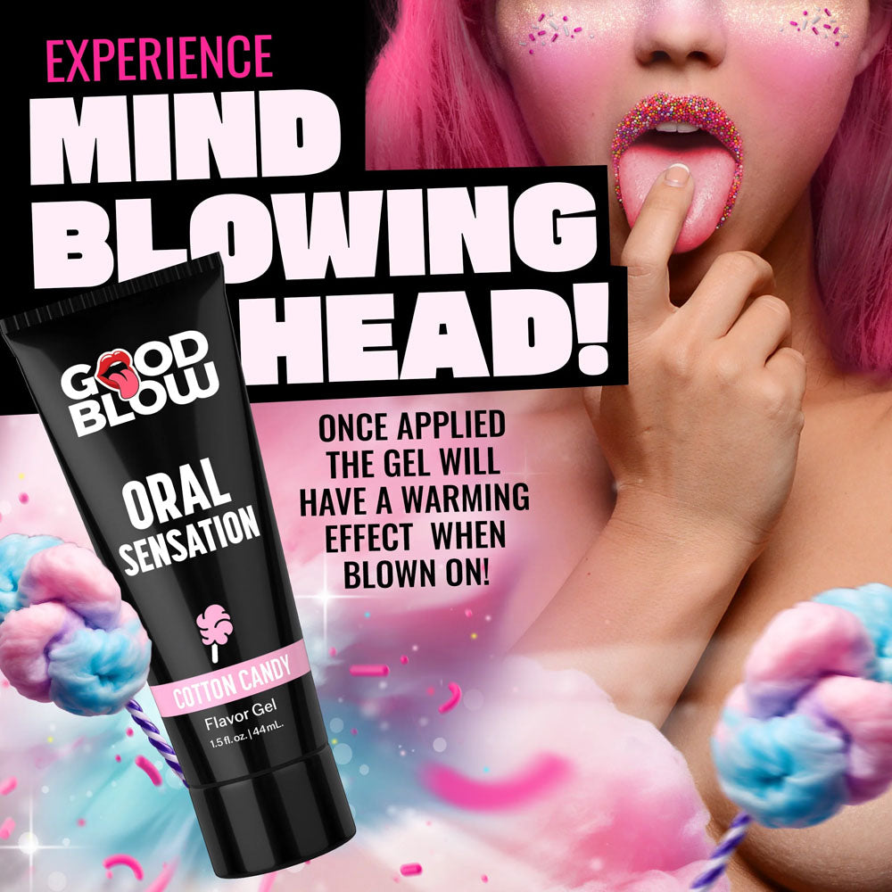 Good Blow Oral Sensation Gel - Cotton Candy - Cotton Candy Flavoured Oral Sex Gel - 44 ml Tube with vibrant background.