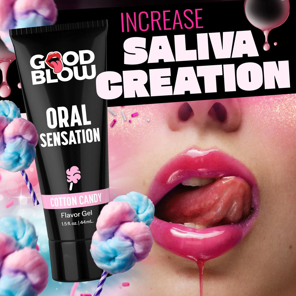 Good Blow Oral Sensation Gel - Cotton Candy - Cotton Candy Flavoured Oral Sex Gel - 44 ml Tube with colorful cotton candy backdrop.