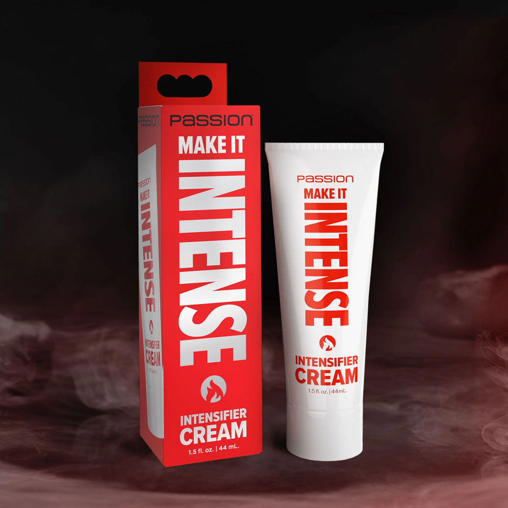Passion Make It Intense - Intensifier Cream - 44 ml tube and packaging on a dark background with smoke.