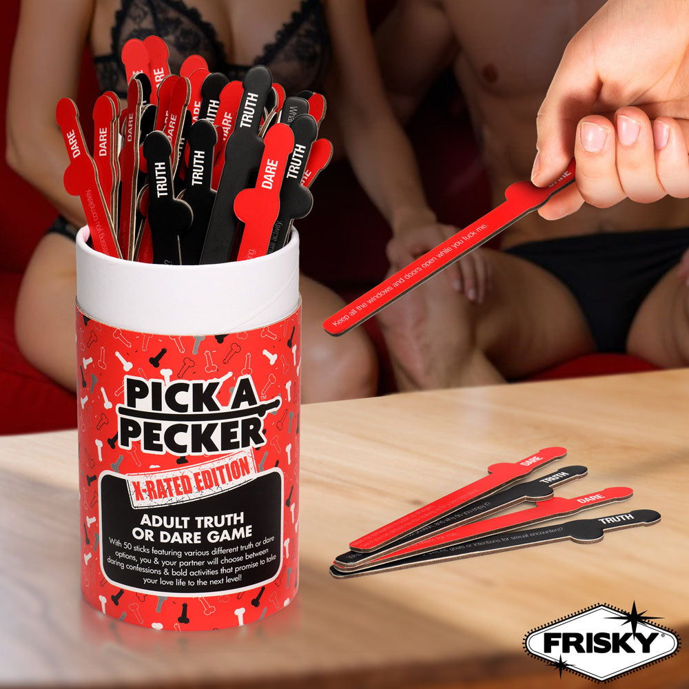 Frisky Pick A Pecker - X-Rated Edition - Adult Truth Or Dare Game featuring truth and dare sticks.