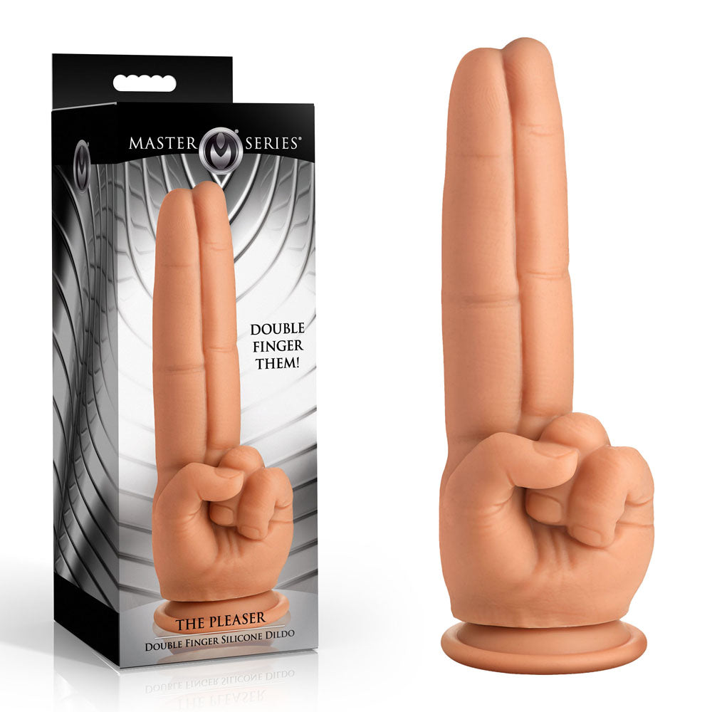 Master Series The Pleaser -  23.6 cm Double Finger Dildo with suction cup and packaging.