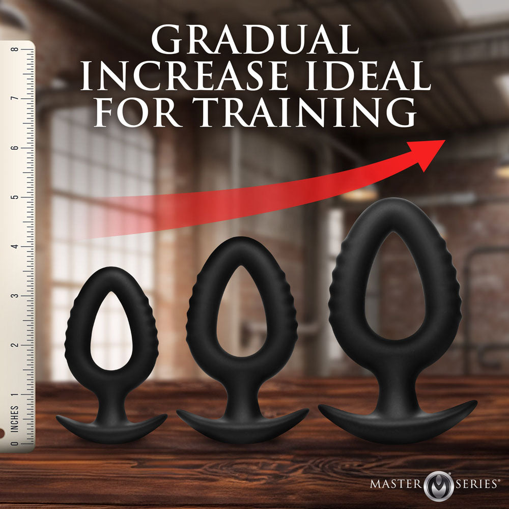 Master Series Pop Plugs -  Anal Plug Trainer Set - Set of 3 Sizes, showcasing three uniquely shaped anal plugs.