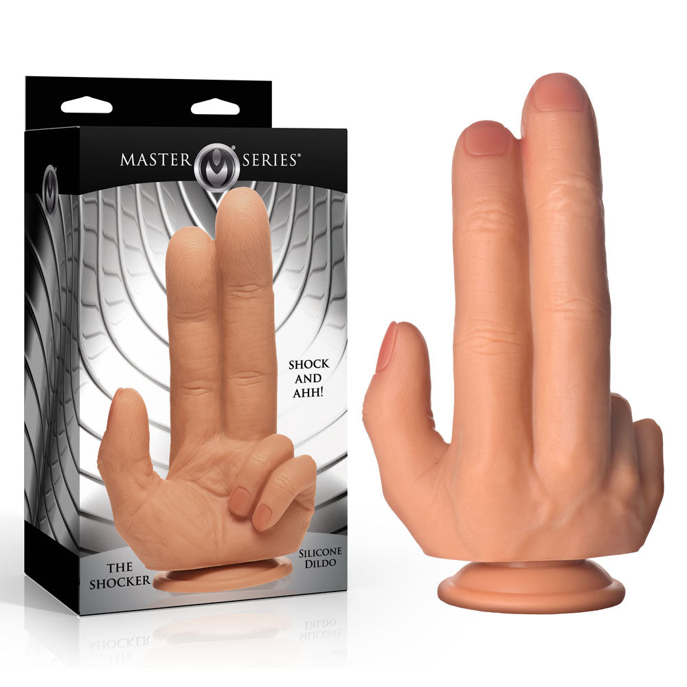 Master Series The Shocker - 20.8 cm Finger Dildo with packaging, designed for double-entry play and stimulation.
