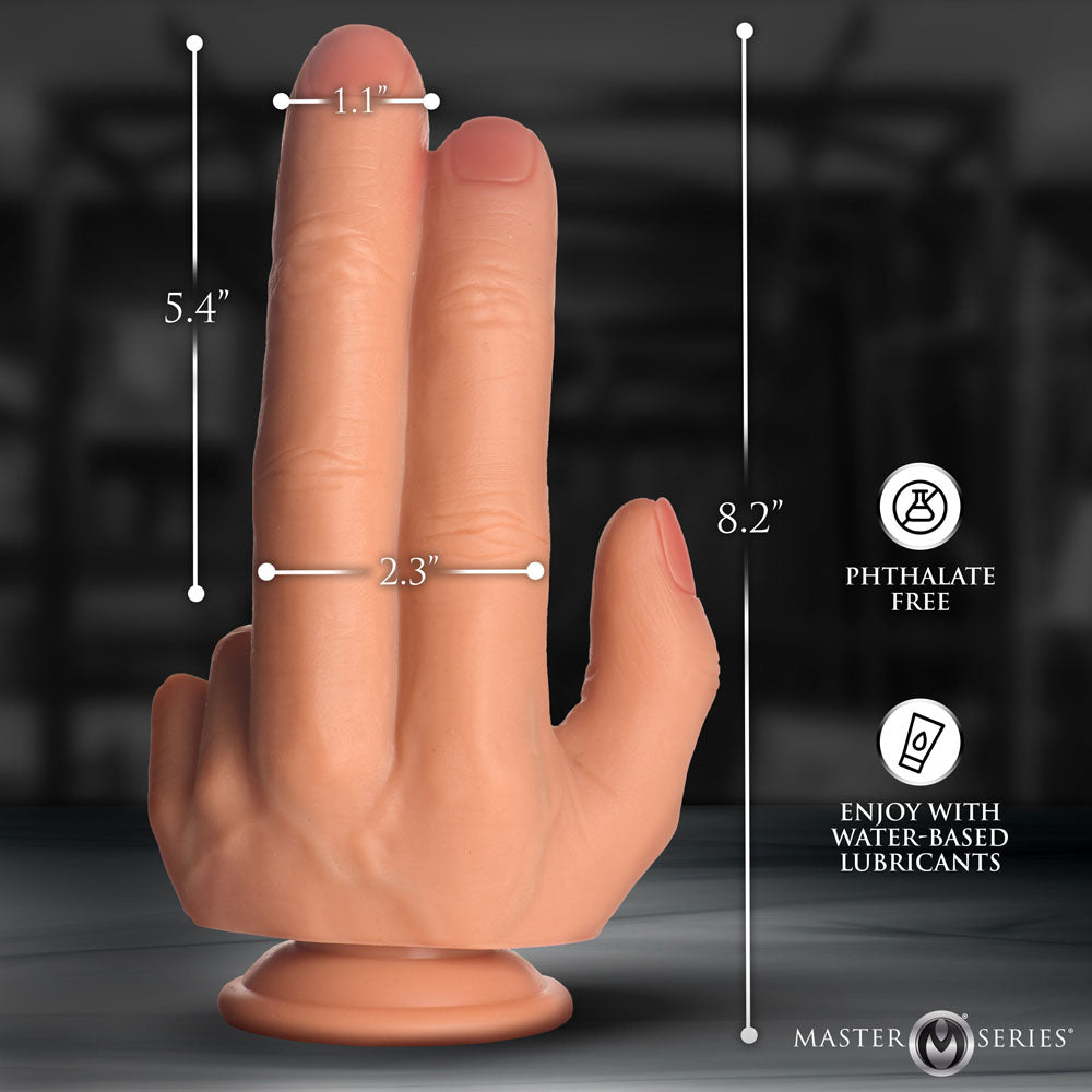 Master Series The Shocker - 20.8 cm Finger Dildo with detailed measurements and phthalate-free, water-based lubricant instructions.