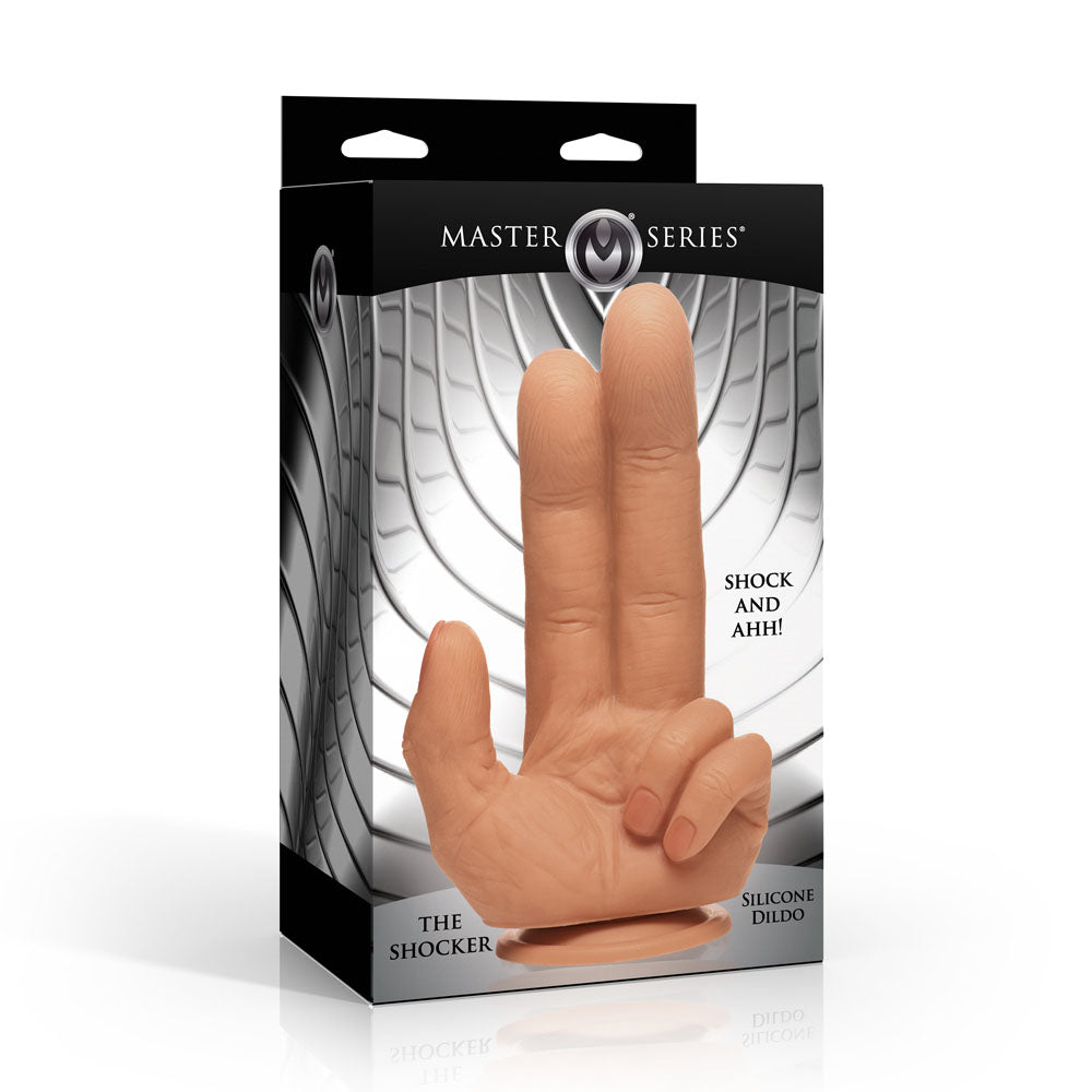 Master Series The Shocker -  20.8 cm Finger Dildo in packaging, designed for double-entry play and made from body-safe silicone.