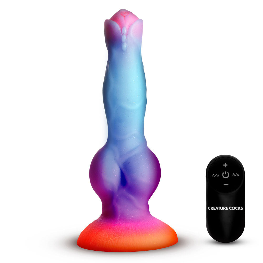 Creature Cocks Astro Cock - Glow In Dark 20.6 cm Vibrating Fantasy Dildo with Remote on a white background.