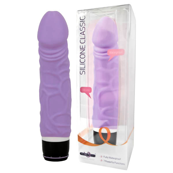 Silicone Classic - 17 cm (6.75'') Vibrator in packaging, showcasing its waterproof design and powerful functions.
