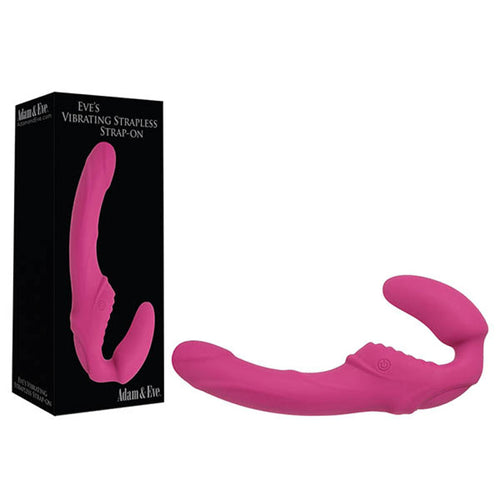 Adam & Eve Eve's Vibrating Strapless Strap-On - 22 cm (8.75'') USB Rechargeable Strapless Strap-On in pink packaging.