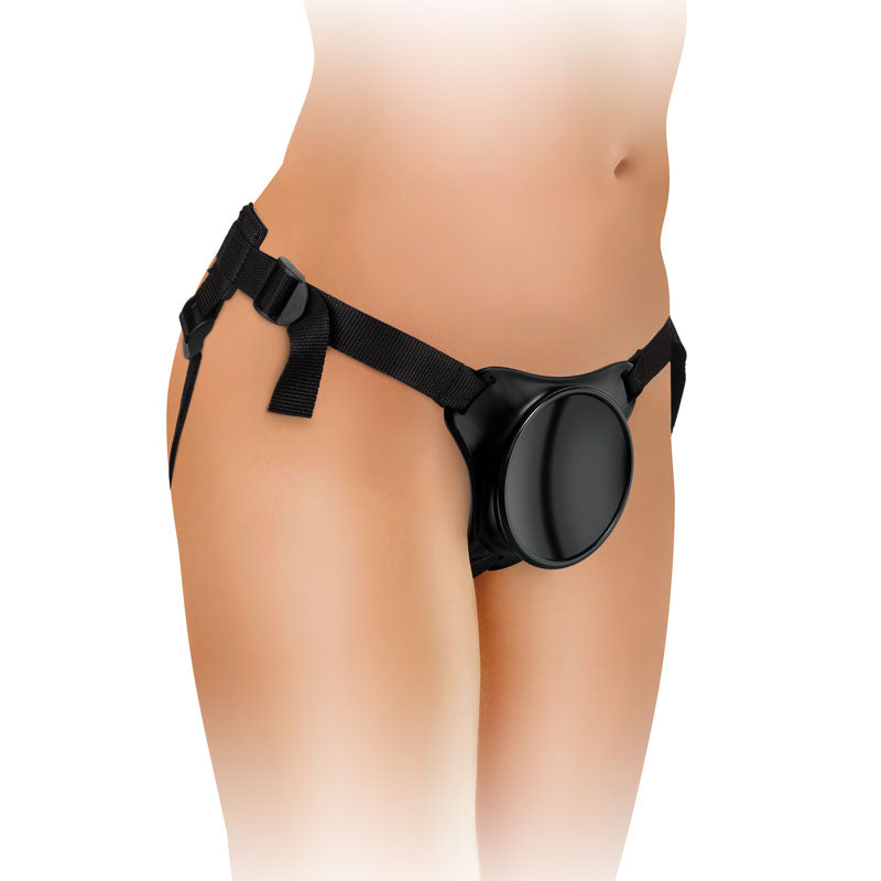 King Cock Elite Beginner's Body Dock Strap-On Harness - Black Adjustable Strap-On Harness (No probe included) on a model.