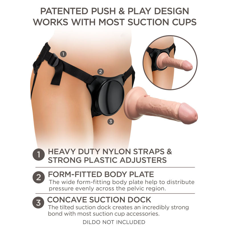 King Cock Elite Beginner's Body Dock Strap-On Harness - Black Adjustable Strap-On Harness (No probe included) features patented push and play design.