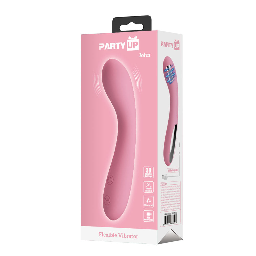 Party Up JOHN Flexible Vibe -  -  16 cm USB Rechargeable Vibrator packaging showcasing sleek design and features.