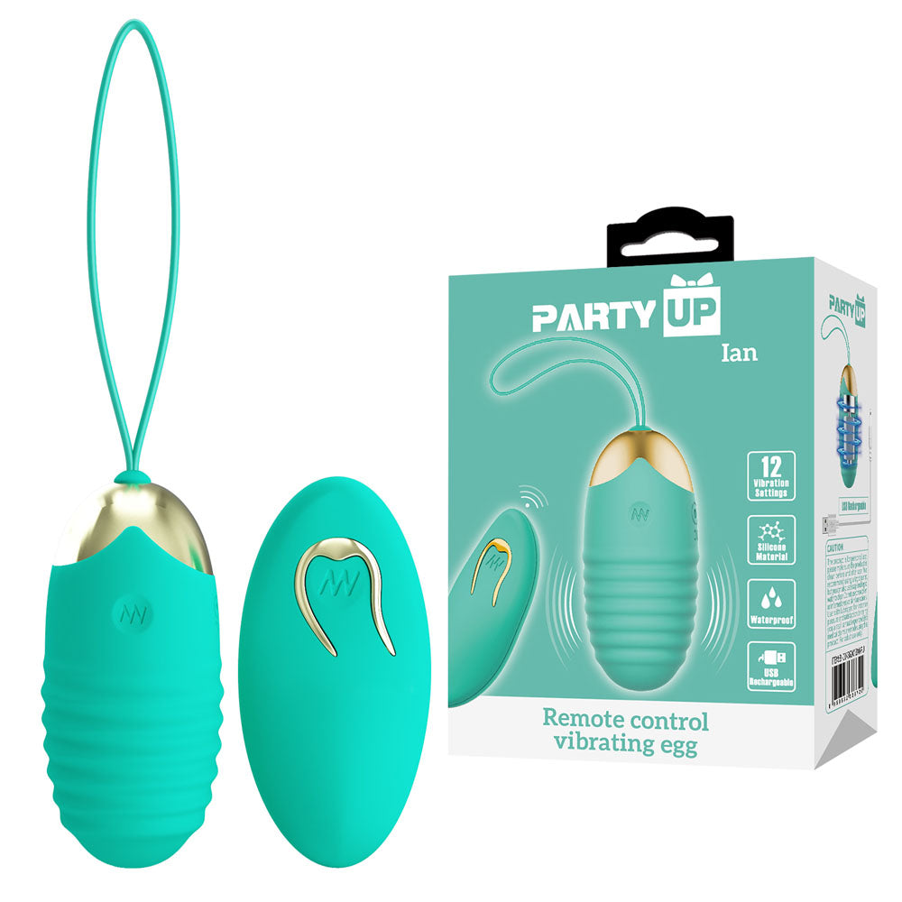 Party Up IAN Remote Egg - Teal - Teal USB Rechargeable Vibrating Egg with Wireless Remote with packaging.