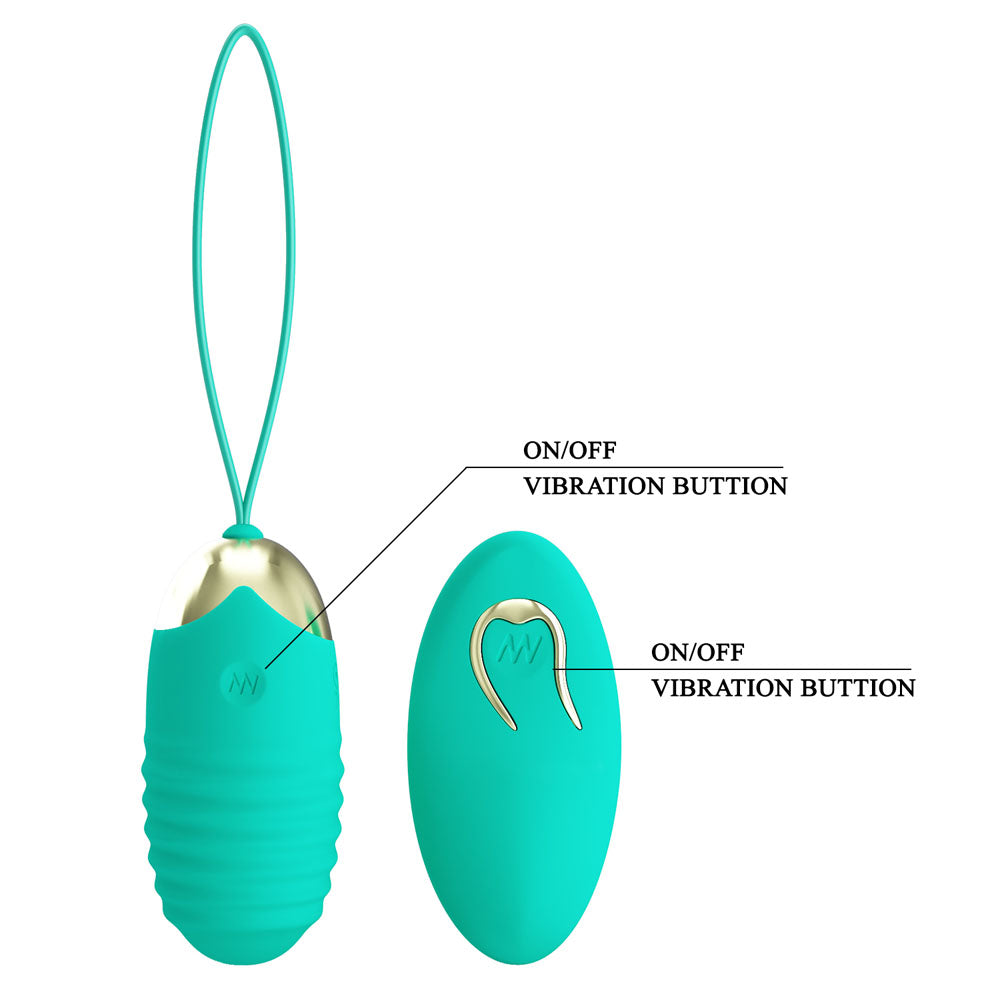 Party Up IAN Remote Egg - Teal - Teal USB Rechargeable Vibrating Egg with Wireless Remote with buttons for on/off and vibration settings.