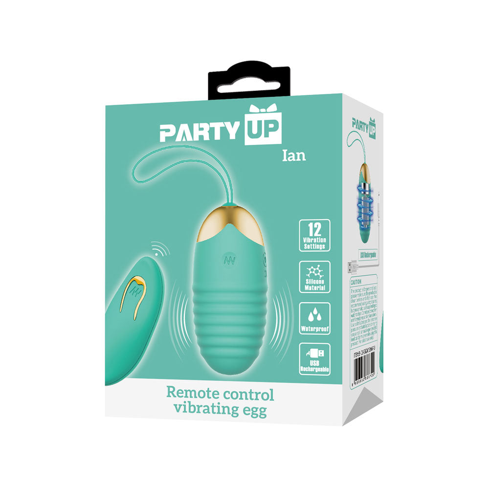 Party Up IAN Remote Egg - Teal - Teal USB Rechargeable Vibrating Egg with Wireless Remote packaging with features.